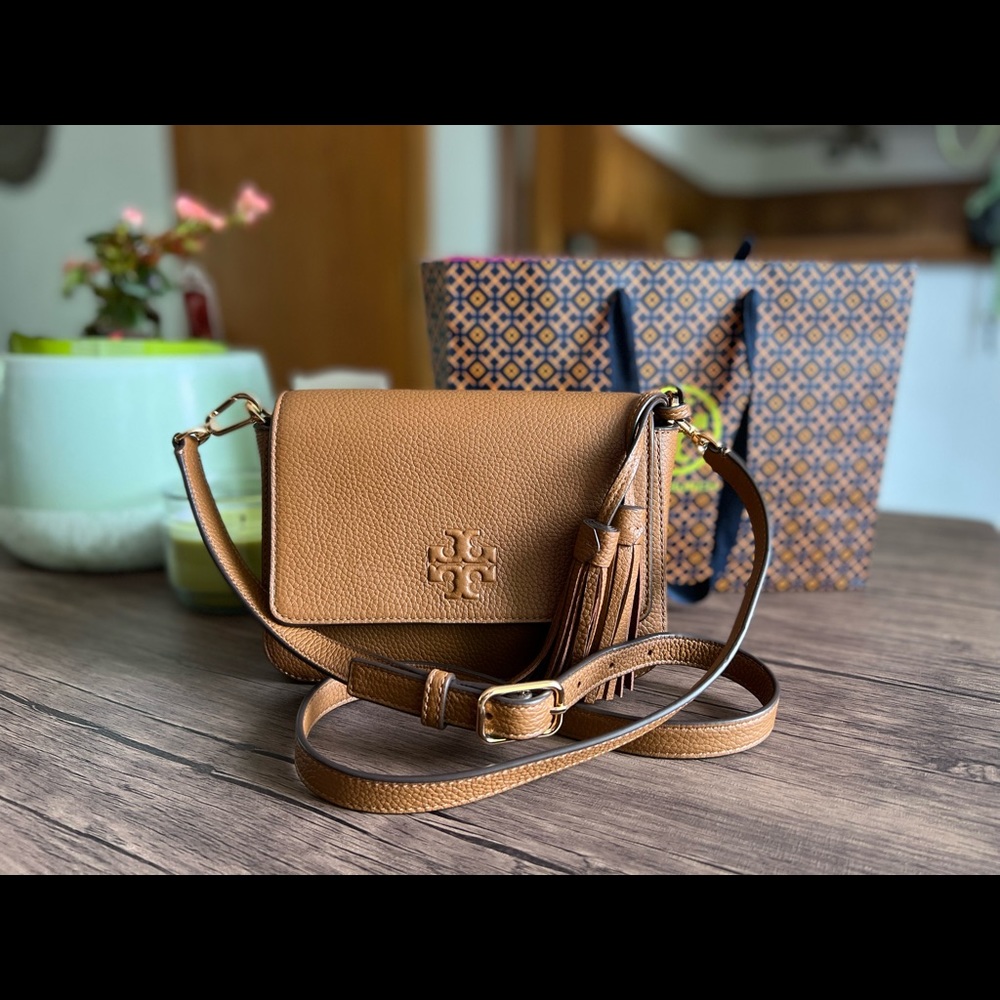 Tory Burch Thea Web Flap pebble leather crossbody with tassels